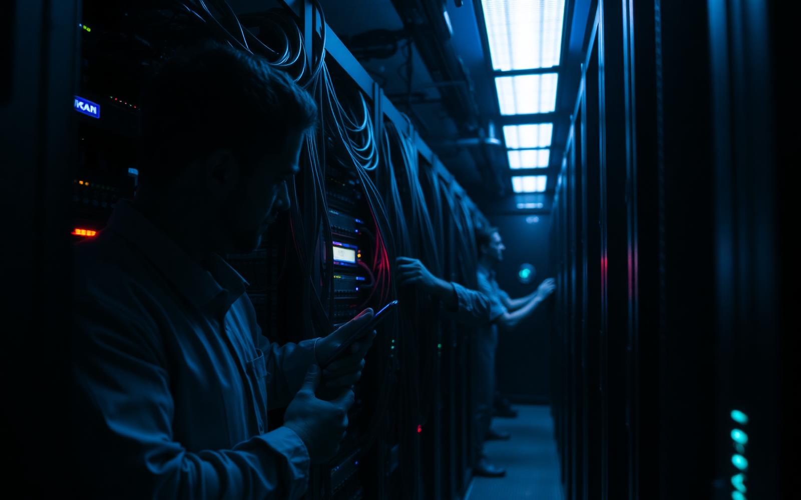 Equipe de TI trabalhando em rack de servidores